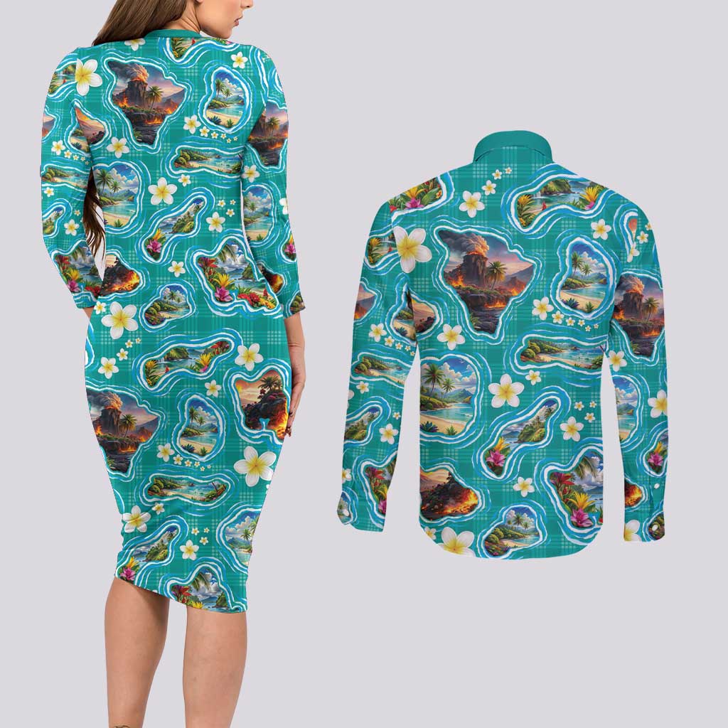 Hawaii Map with Plumeria Flower and Palaka Pattern Couples Matching Long Sleeve Bodycon Dress and Long Sleeve Button Shirt Tropical Island Teal Design