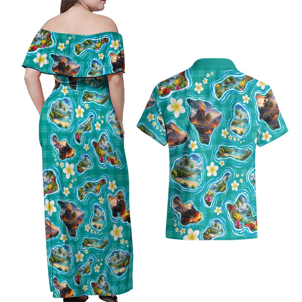 Hawaii Map with Plumeria Flower and Palaka Pattern Couples Matching Off Shoulder Maxi Dress and Hawaiian Shirt Tropical Island Teal Design