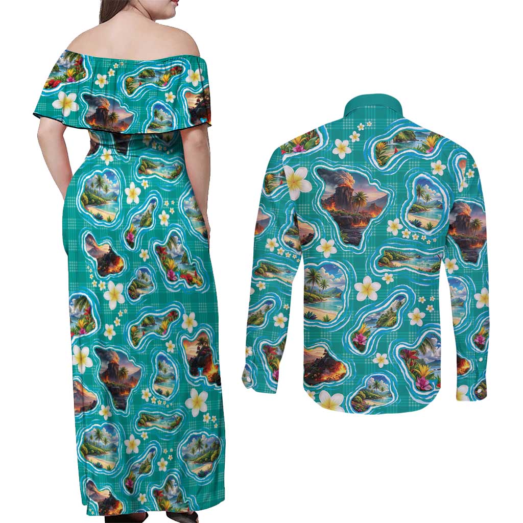Hawaii Map with Plumeria Flower and Palaka Pattern Couples Matching Off Shoulder Maxi Dress and Long Sleeve Button Shirt Tropical Island Teal Design