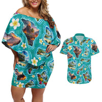 Hawaii Map with Plumeria Flower and Palaka Pattern Couples Matching Off Shoulder Short Dress and Hawaiian Shirt Tropical Island Teal Design