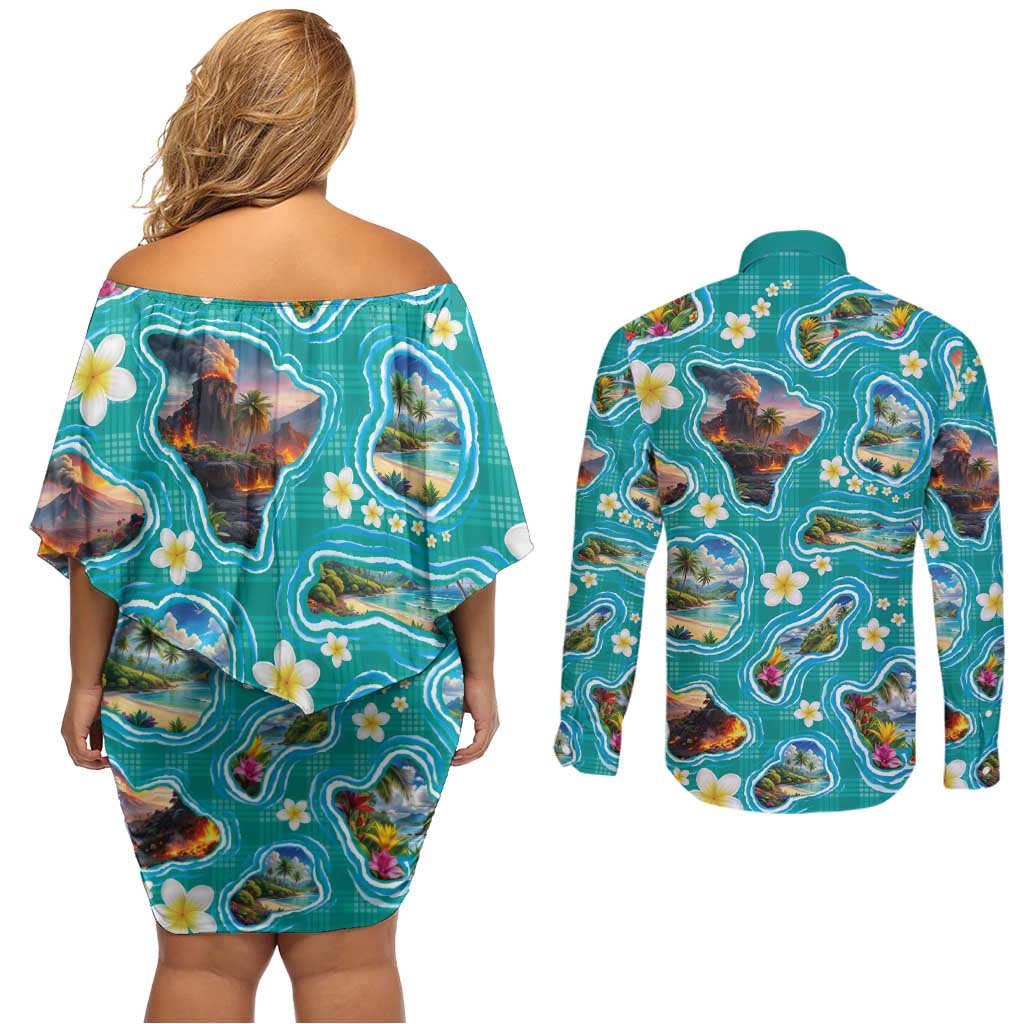 Hawaii Map with Plumeria Flower and Palaka Pattern Couples Matching Off Shoulder Short Dress and Long Sleeve Button Shirt Tropical Island Teal Design