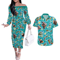 Hawaii Map with Plumeria Flower and Palaka Pattern Couples Matching Off The Shoulder Long Sleeve Dress and Hawaiian Shirt Tropical Island Teal Design LT03 Teal - Polynesian Pride