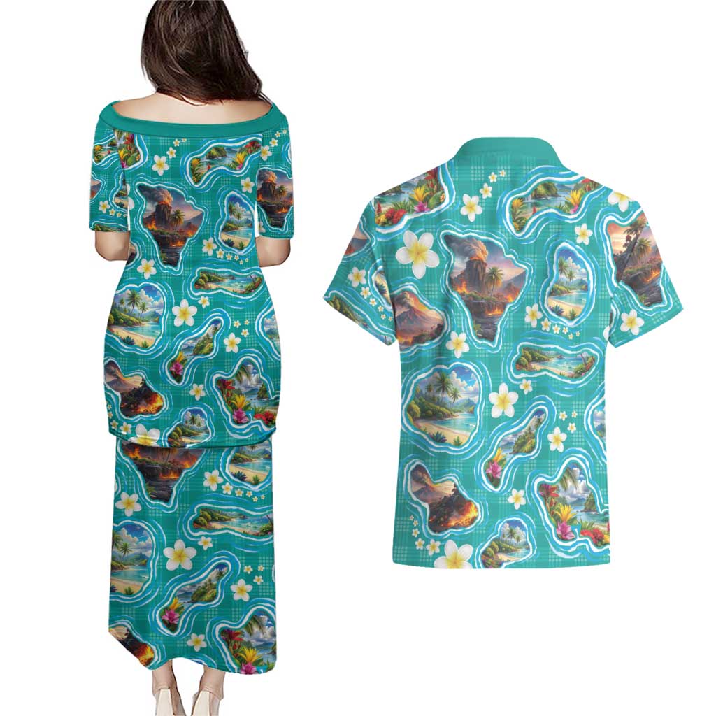 Hawaii Map with Plumeria Flower and Palaka Pattern Couples Matching Puletasi and Hawaiian Shirt Tropical Island Teal Design