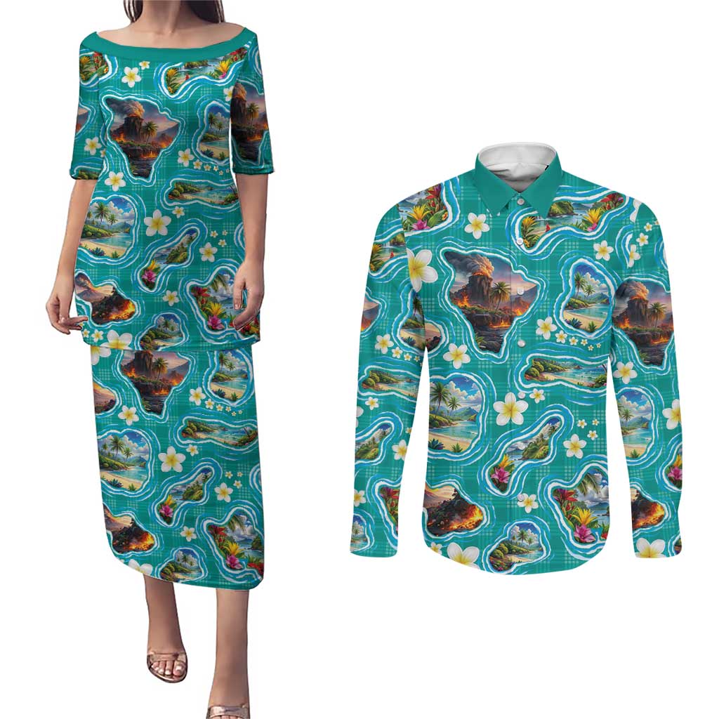 Hawaii Map with Plumeria Flower and Palaka Pattern Couples Matching Puletasi and Long Sleeve Button Shirt Tropical Island Teal Design