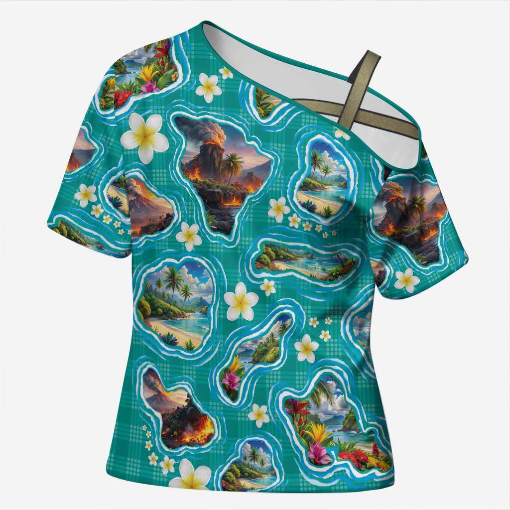 Hawaii Map with Plumeria Flower and Palaka Pattern Cross Shoulder Shirt Tropical Island Teal Design