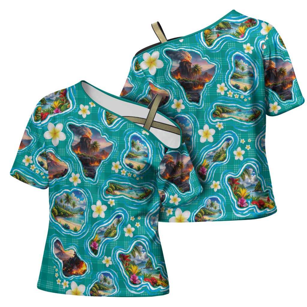 Hawaii Map with Plumeria Flower and Palaka Pattern Cross Shoulder Shirt Tropical Island Teal Design