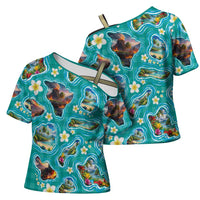 Hawaii Map with Plumeria Flower and Palaka Pattern Cross Shoulder Shirt Tropical Island Teal Design