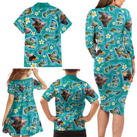 Hawaii Map with Plumeria Flower and Palaka Pattern Family Matching Long Sleeve Bodycon Dress and Hawaiian Shirt Tropical Island Teal Design LT03 - Polynesian Pride