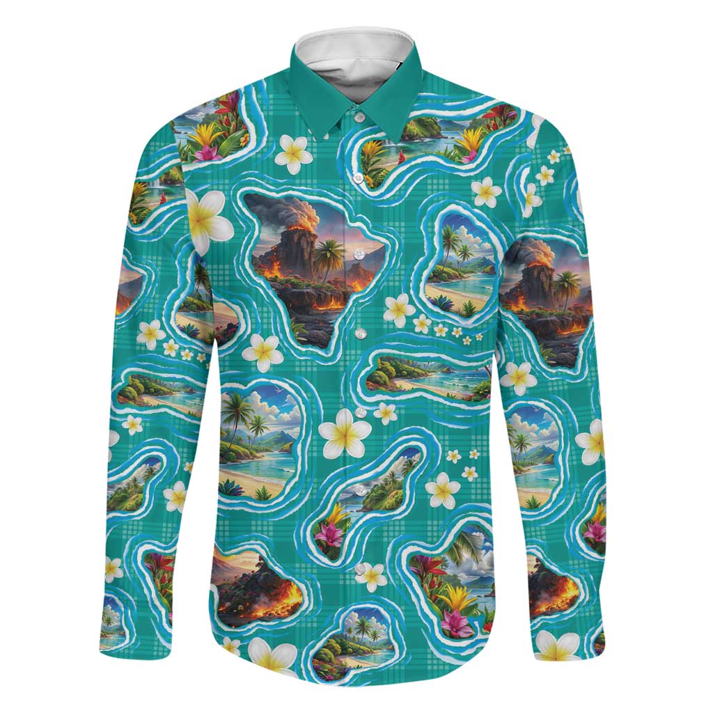 Hawaii Map with Plumeria Flower and Palaka Pattern Family Matching Long Sleeve Bodycon Dress and Hawaiian Shirt Tropical Island Teal Design LT03 Dad's Shirt - Long Sleeve Teal - Polynesian Pride