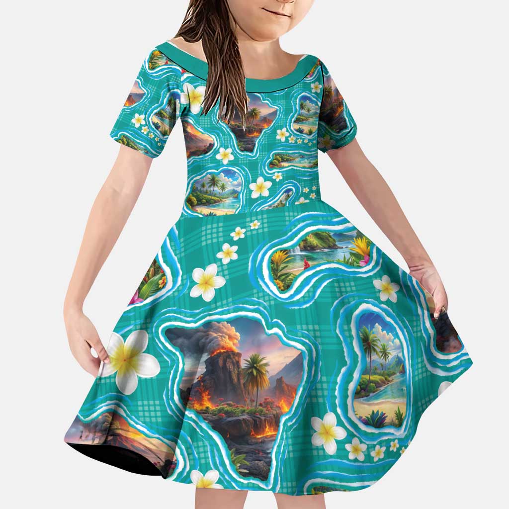 Hawaii Map with Plumeria Flower and Palaka Pattern Family Matching Mermaid Dress and Hawaiian Shirt Tropical Island Teal Design LT03 Daughter's Dress Teal - Polynesian Pride