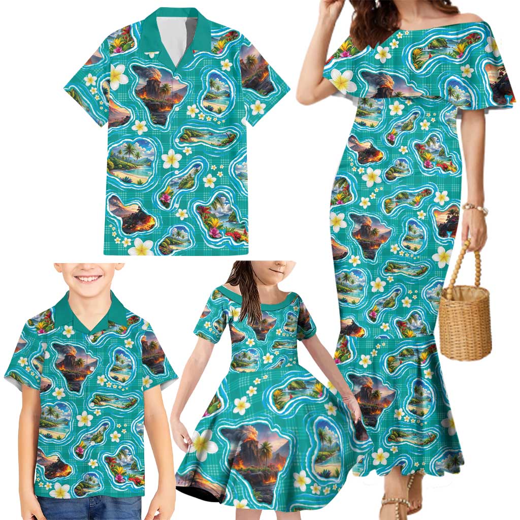 Hawaii Map with Plumeria Flower and Palaka Pattern Family Matching Mermaid Dress and Hawaiian Shirt Tropical Island Teal Design