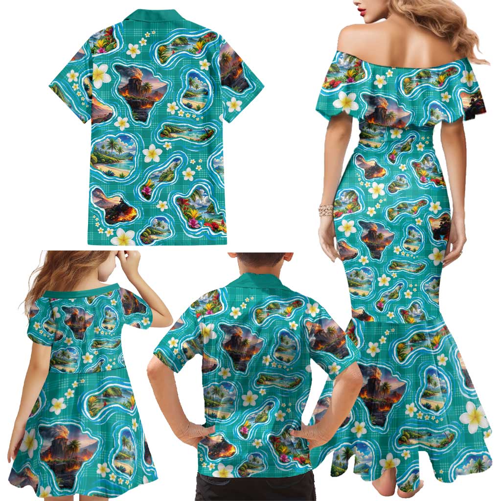 Hawaii Map with Plumeria Flower and Palaka Pattern Family Matching Mermaid Dress and Hawaiian Shirt Tropical Island Teal Design LT03 - Polynesian Pride