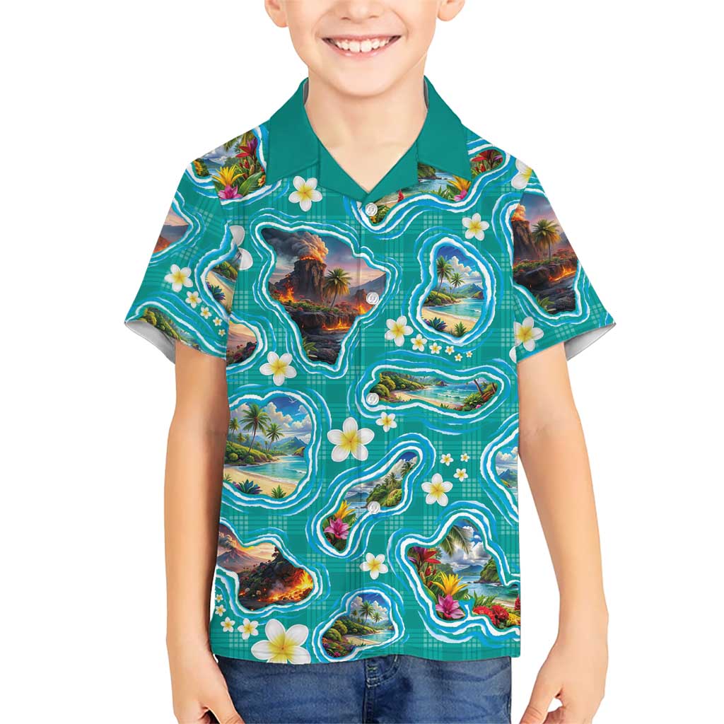 Hawaii Map with Plumeria Flower and Palaka Pattern Family Matching Mermaid Dress and Hawaiian Shirt Tropical Island Teal Design LT03 Son's Shirt Teal - Polynesian Pride