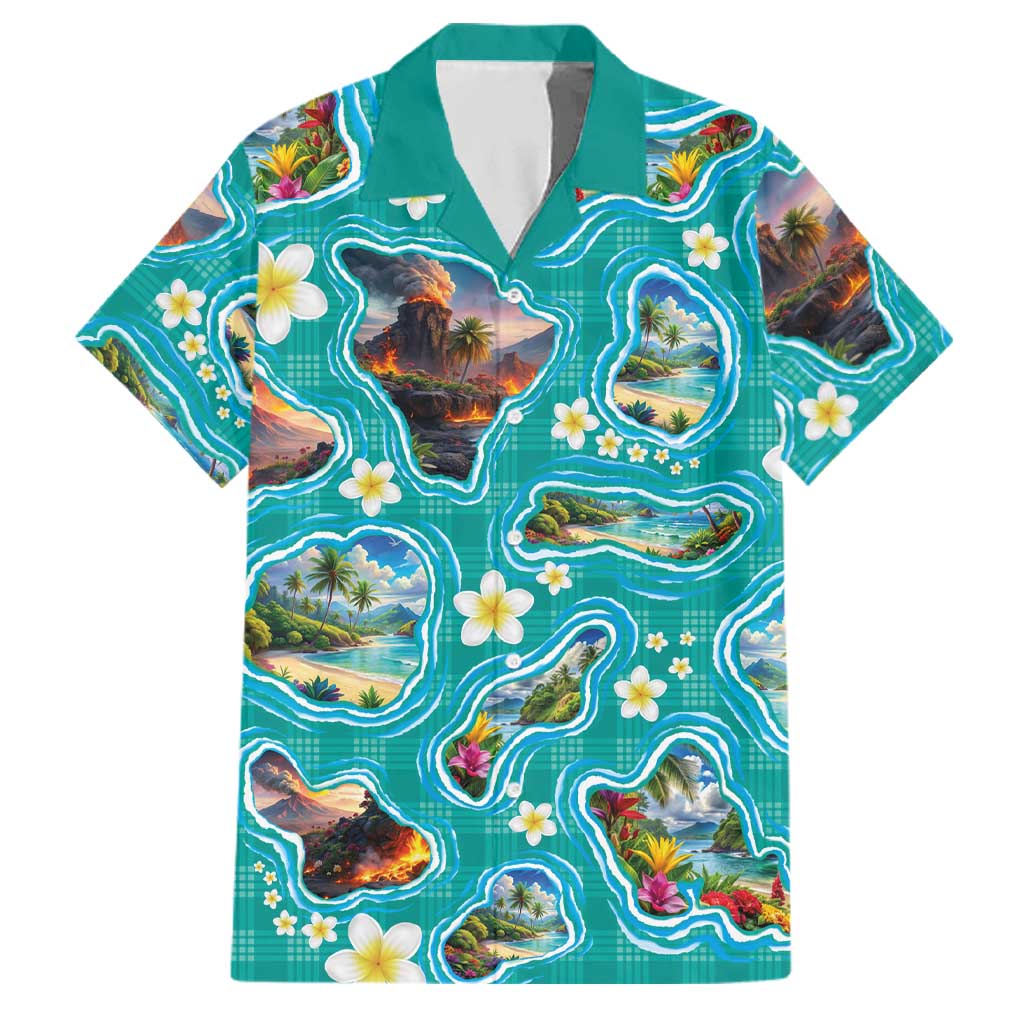 Hawaii Map with Plumeria Flower and Palaka Pattern Family Matching Off The Shoulder Long Sleeve Dress and Hawaiian Shirt Tropical Island Teal Design LT03 Dad's Shirt - Short Sleeve Teal - Polynesian Pride