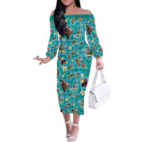 Hawaii Map with Plumeria Flower and Palaka Pattern Family Matching Off The Shoulder Long Sleeve Dress and Hawaiian Shirt Tropical Island Teal Design LT03 Mom's Dress Teal - Polynesian Pride