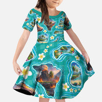 Hawaii Map with Plumeria Flower and Palaka Pattern Family Matching Off Shoulder Maxi Dress and Hawaiian Shirt Tropical Island Teal Design LT03 Daughter's Dress Teal - Polynesian Pride