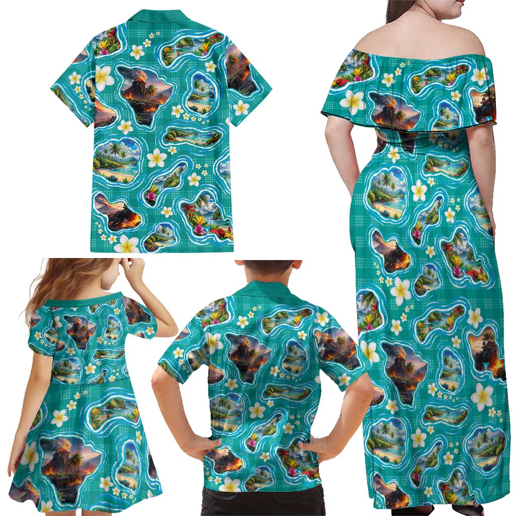 Hawaii Map with Plumeria Flower and Palaka Pattern Family Matching Off Shoulder Maxi Dress and Hawaiian Shirt Tropical Island Teal Design LT03 - Polynesian Pride