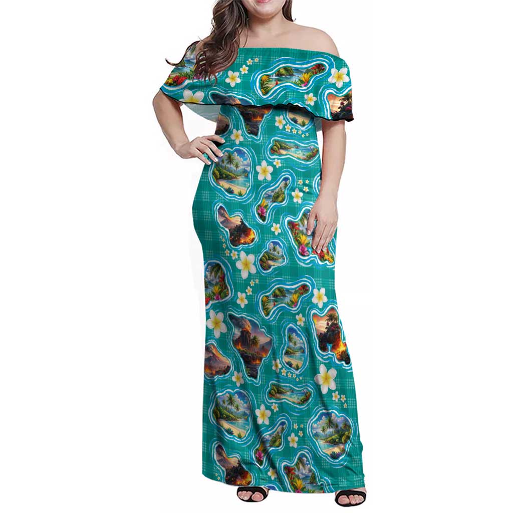 Hawaii Map with Plumeria Flower and Palaka Pattern Family Matching Off Shoulder Maxi Dress and Hawaiian Shirt Tropical Island Teal Design LT03 Mom's Dress Teal - Polynesian Pride