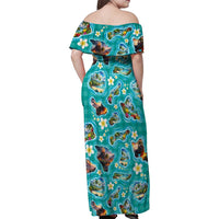 Hawaii Map with Plumeria Flower and Palaka Pattern Family Matching Off Shoulder Maxi Dress and Hawaiian Shirt Tropical Island Teal Design LT03 - Polynesian Pride