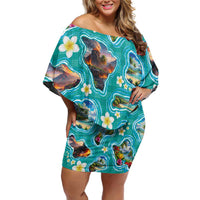 Hawaii Map with Plumeria Flower and Palaka Pattern Family Matching Off Shoulder Short Dress and Hawaiian Shirt Tropical Island Teal Design LT03 Mom's Dress Teal - Polynesian Pride