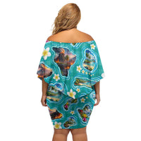 Hawaii Map with Plumeria Flower and Palaka Pattern Family Matching Off Shoulder Short Dress and Hawaiian Shirt Tropical Island Teal Design LT03 - Polynesian Pride