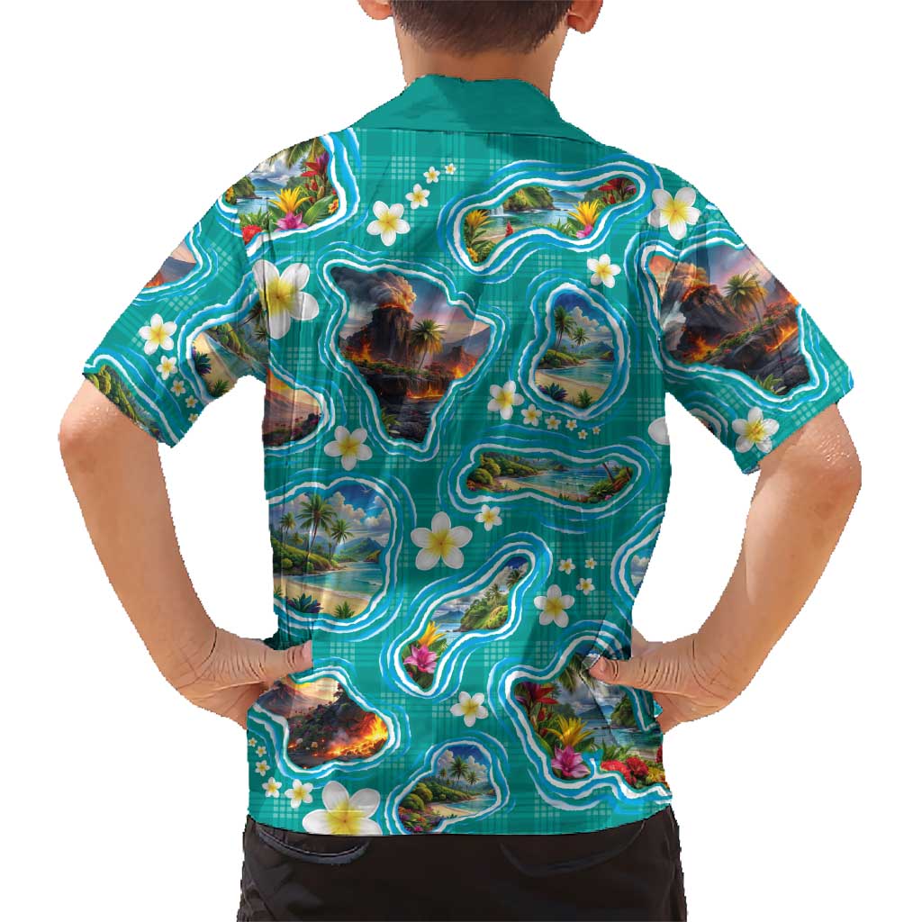 Hawaii Map with Plumeria Flower and Palaka Pattern Family Matching Puletasi and Hawaiian Shirt Tropical Island Teal Design LT03 - Polynesian Pride