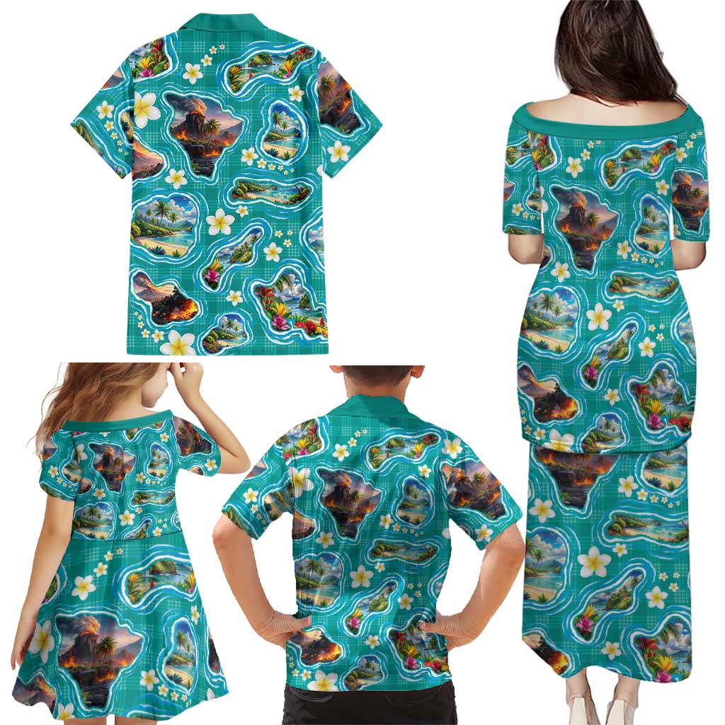 Hawaii Map with Plumeria Flower and Palaka Pattern Family Matching Puletasi and Hawaiian Shirt Tropical Island Teal Design LT03 - Polynesian Pride