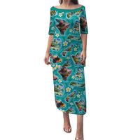 Hawaii Map with Plumeria Flower and Palaka Pattern Family Matching Puletasi and Hawaiian Shirt Tropical Island Teal Design LT03 Mom's Dress Teal - Polynesian Pride