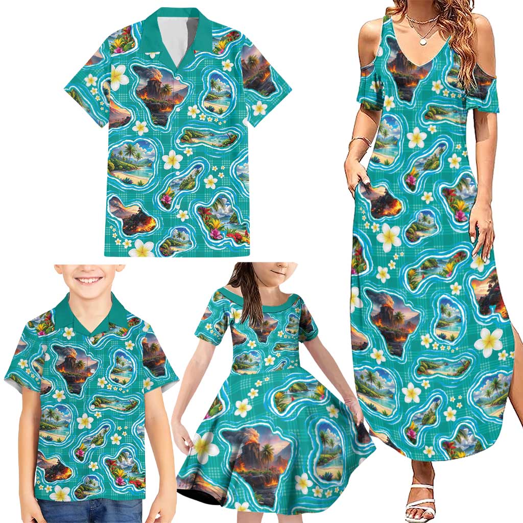 Hawaii Map with Plumeria Flower and Palaka Pattern Family Matching Summer Maxi Dress and Hawaiian Shirt Tropical Island Teal Design