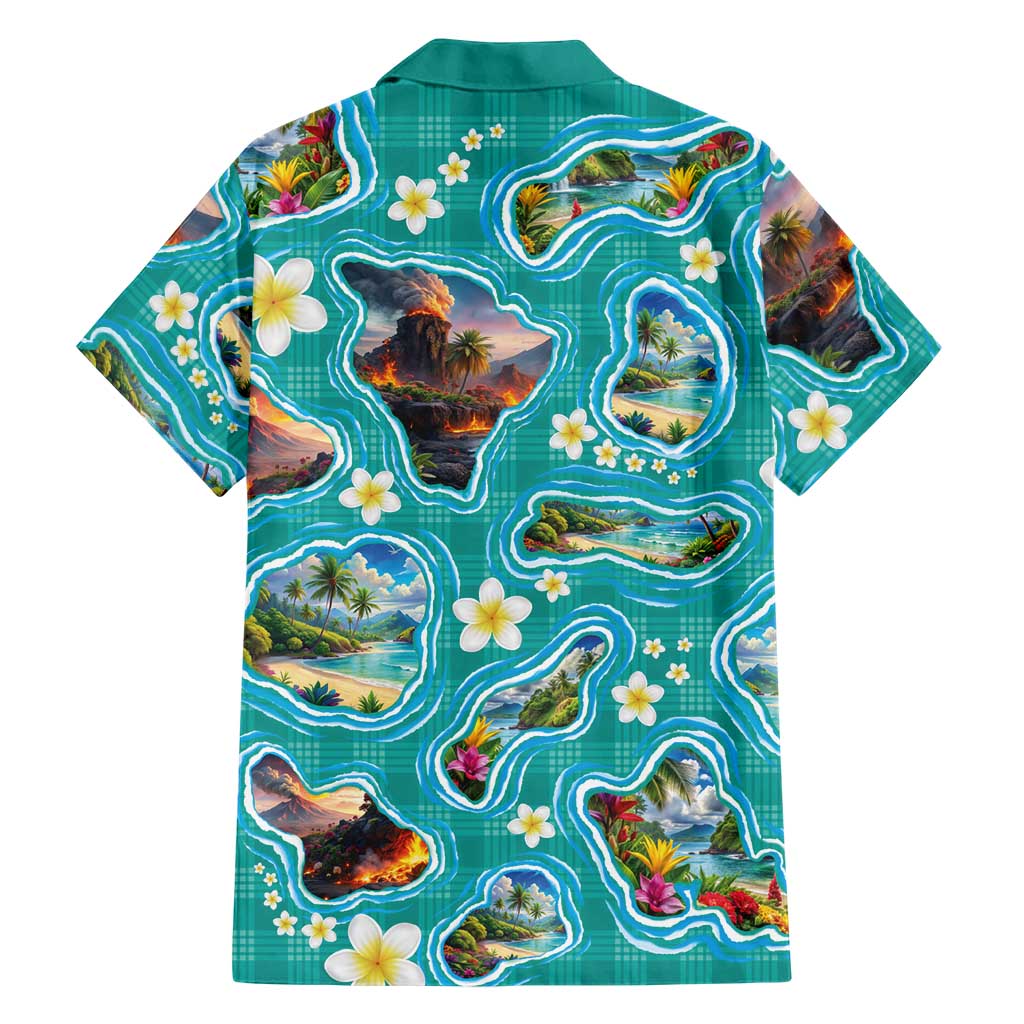 Hawaii Map with Plumeria Flower and Palaka Pattern Family Matching Summer Maxi Dress and Hawaiian Shirt Tropical Island Teal Design LT03 - Polynesian Pride