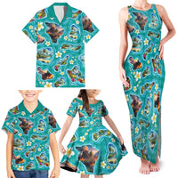 Hawaii Map with Plumeria Flower and Palaka Pattern Family Matching Tank Maxi Dress and Hawaiian Shirt Tropical Island Teal Design LT03 - Polynesian Pride