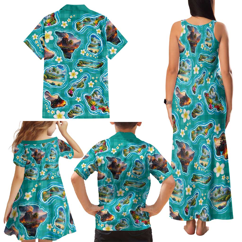 Hawaii Map with Plumeria Flower and Palaka Pattern Family Matching Tank Maxi Dress and Hawaiian Shirt Tropical Island Teal Design LT03 - Polynesian Pride