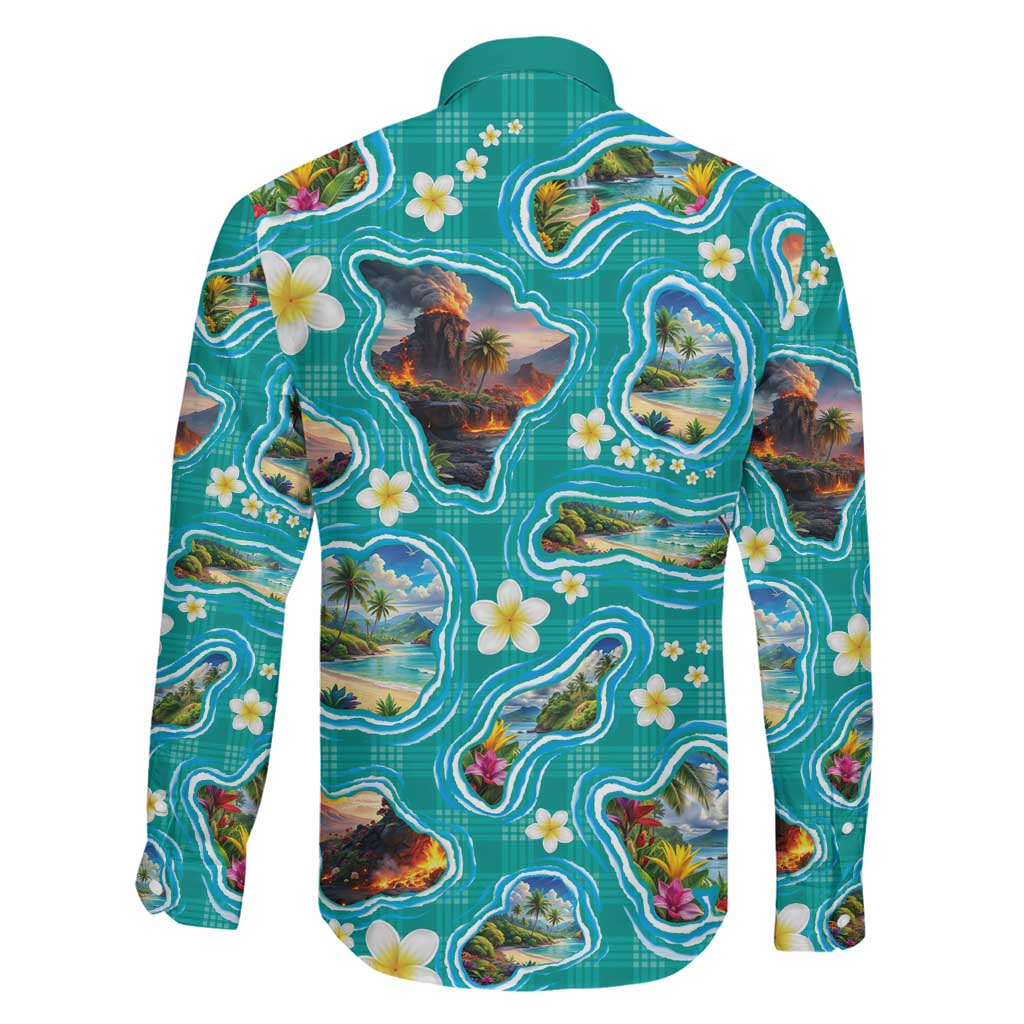 Hawaii Map with Plumeria Flower and Palaka Pattern Family Matching Tank Maxi Dress and Hawaiian Shirt Tropical Island Teal Design LT03 - Polynesian Pride