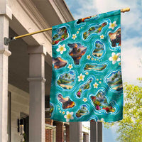 Hawaii Map with Plumeria Flower and Palaka Pattern Garden Flag Tropical Island Teal Design