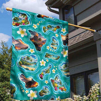 Hawaii Map with Plumeria Flower and Palaka Pattern Garden Flag Tropical Island Teal Design