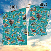 Hawaii Map with Plumeria Flower and Palaka Pattern Garden Flag Tropical Island Teal Design