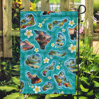 Hawaii Map with Plumeria Flower and Palaka Pattern Garden Flag Tropical Island Teal Design