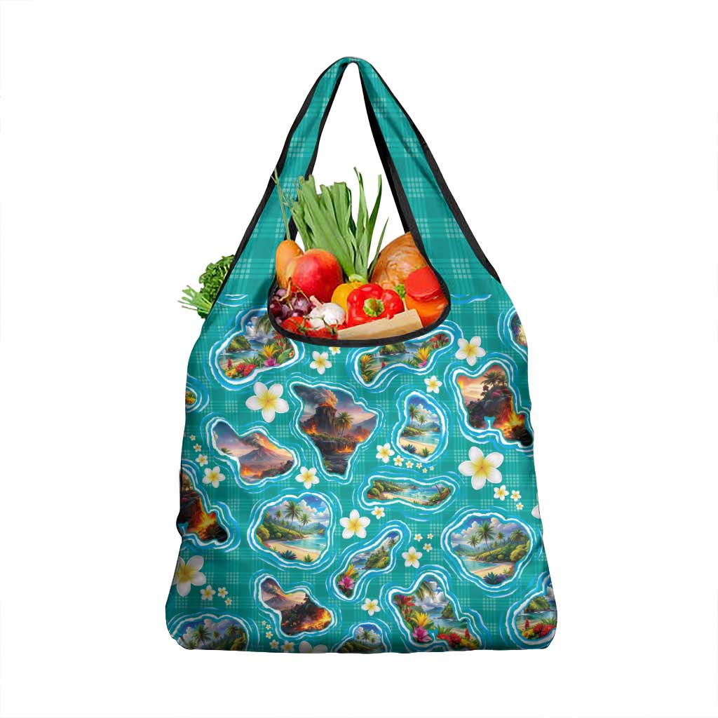 Hawaii Map with Plumeria Flower and Palaka Pattern Grocery Bag Tropical Island Teal Design