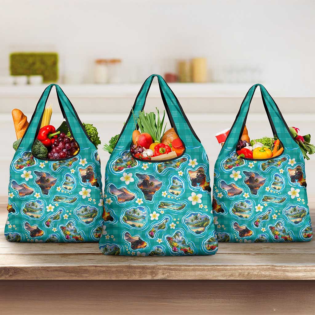 Hawaii Map with Plumeria Flower and Palaka Pattern Grocery Bag Tropical Island Teal Design