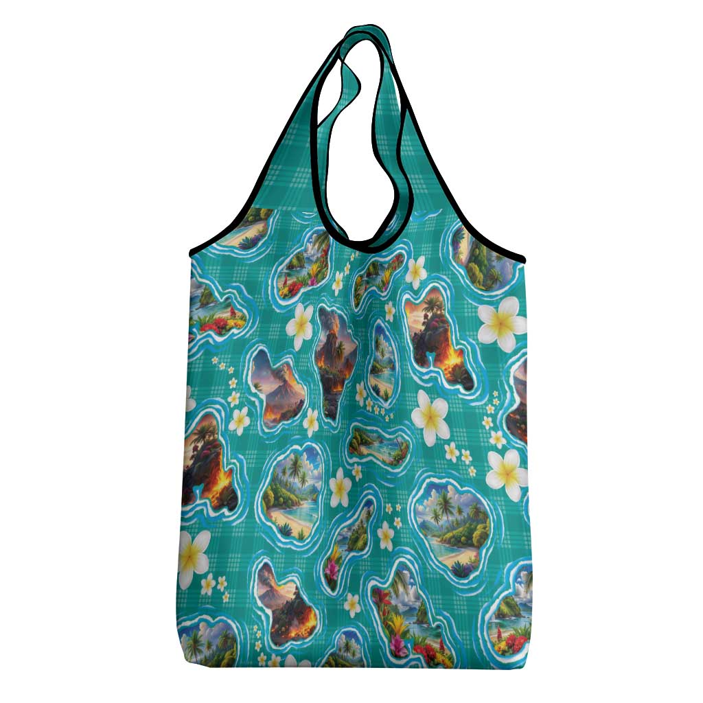 Hawaii Map with Plumeria Flower and Palaka Pattern Grocery Bag Tropical Island Teal Design