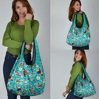 Hawaii Map with Plumeria Flower and Palaka Pattern Grocery Bag Tropical Island Teal Design