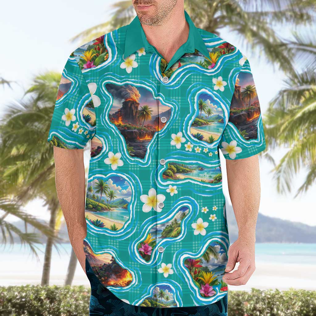 Hawaii Map with Plumeria Flower and Palaka Pattern Hawaiian Shirt Tropical Island Teal Design