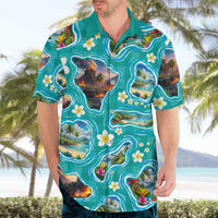 Hawaii Map with Plumeria Flower and Palaka Pattern Hawaiian Shirt Tropical Island Teal Design