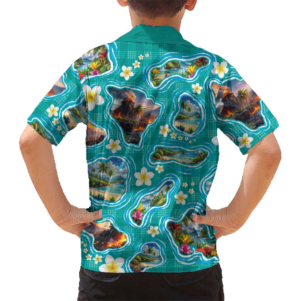 Hawaii Map with Plumeria Flower and Palaka Pattern Hawaiian Shirt Tropical Island Teal Design