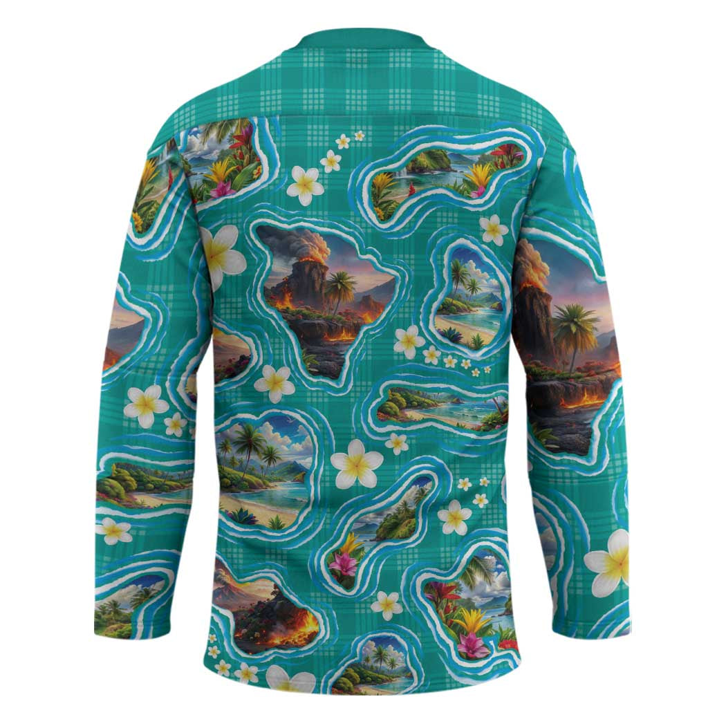 Hawaii Map with Plumeria Flower and Palaka Pattern Hockey Jersey Tropical Island Teal Design