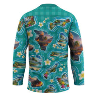 Hawaii Map with Plumeria Flower and Palaka Pattern Hockey Jersey Tropical Island Teal Design