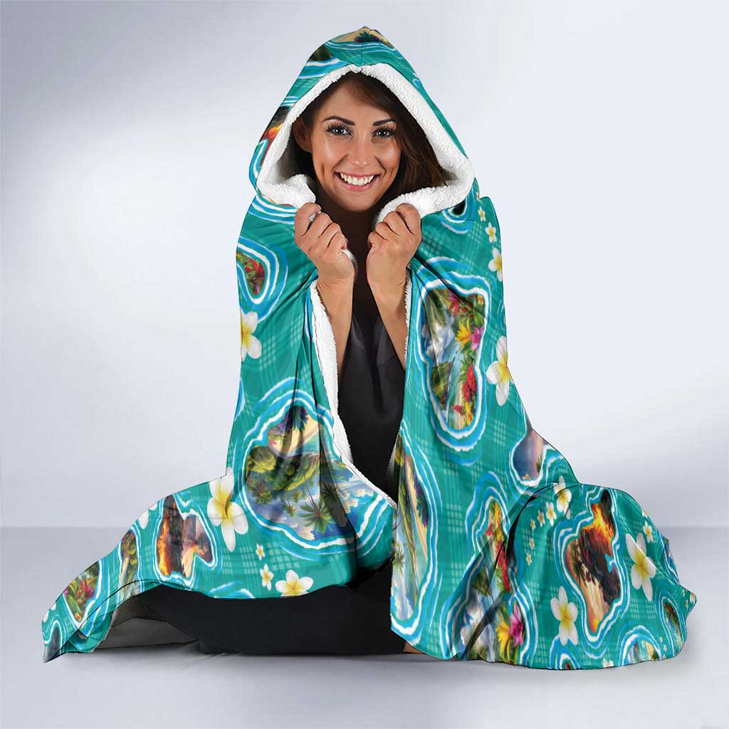 Hawaii Map with Plumeria Flower and Palaka Pattern Hooded Blanket Tropical Island Teal Design