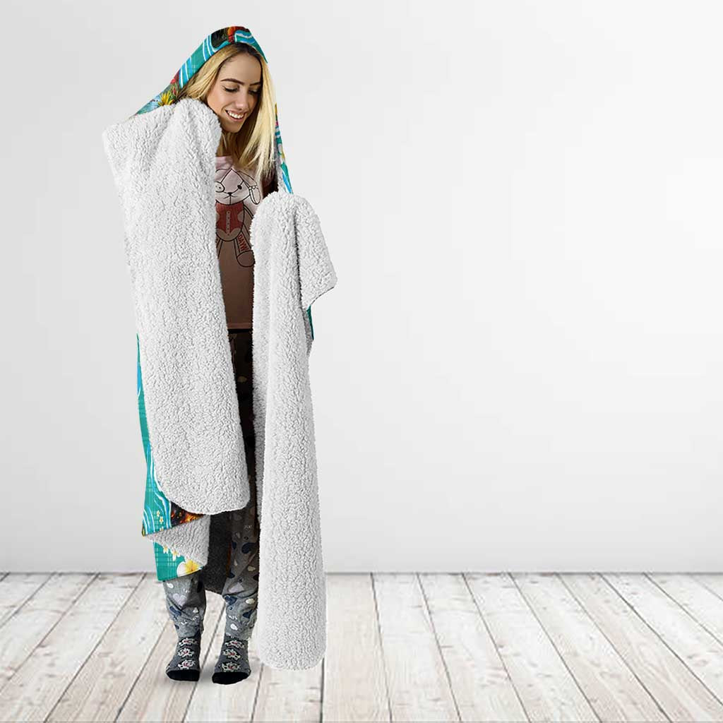 Hawaii Map with Plumeria Flower and Palaka Pattern Hooded Blanket Tropical Island Teal Design