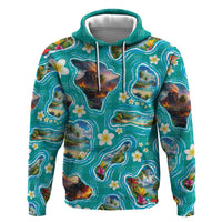 Hawaii Map with Plumeria Flower and Palaka Pattern Hoodie Tropical Island Teal Design
