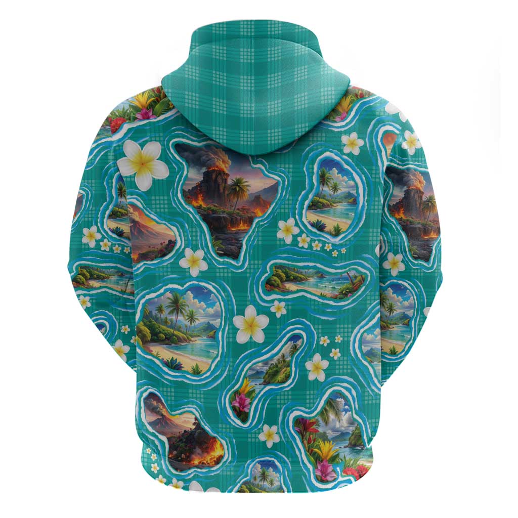Hawaii Map with Plumeria Flower and Palaka Pattern Hoodie Tropical Island Teal Design